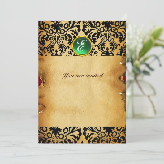 Invitation DAMASK GEM STONE MONOGRAM parchemin vert (Debout devant)