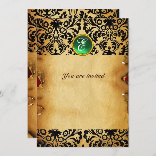 Invitation DAMASK GEM STONE MONOGRAM parchemin vert (Devant / Derrière)