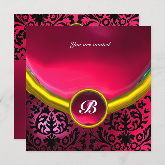 Invitation DAMASK GEM STONE MONOGRAM rose fuchsia rubis (Devant / Derrière)