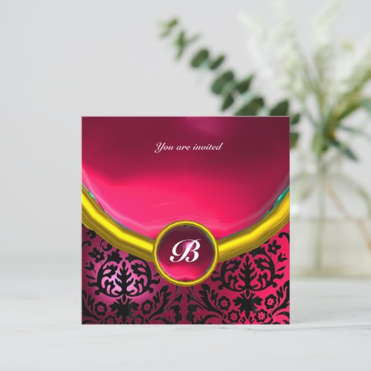 Invitation DAMASK GEM STONE MONOGRAM rose fuchsia rubis (Debout devant)