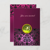 Invitation DAMASK GEM STONE MONOGRAM rose jaune rsvp (Devant / Derrière)
