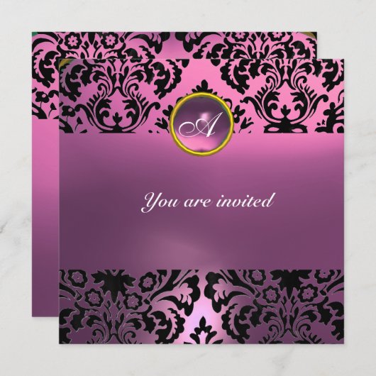 Invitation DAMASK GEM STONE MONOGRAM rose violet (Devant / Derrière)