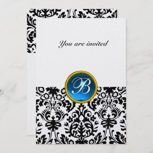 Invitation DAMASK GEM STONE MONOGRAM saphir bleu glace (Devant / Derrière)