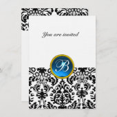 Invitation DAMASK GEM STONE MONOGRAM saphir bleu lin rsvp (Devant / Derrière)