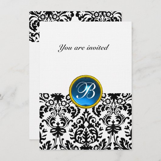 Invitation DAMASK GEM STONE MONOGRAM saphir bleu lin rsvp (Devant / Derrière)