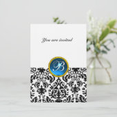 Invitation DAMASK GEM STONE MONOGRAM saphir bleu lin rsvp (Debout devant)