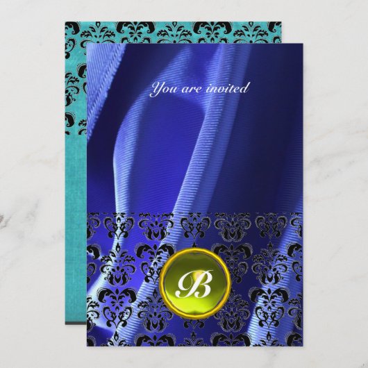 Invitation DAMASK GEM STONE MONOGRAM soie bleu (Devant / Derrière)