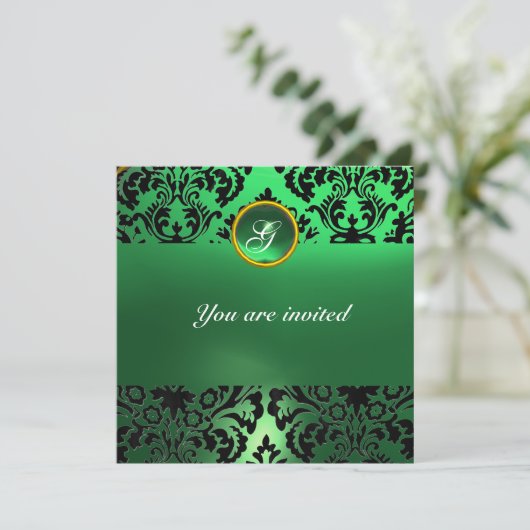 Invitation DAMASK GEM STONE MONOGRAM vert jade (Debout devant)