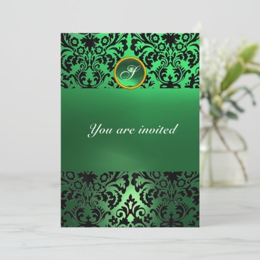 Invitation DAMASK GEM STONE MONOGRAM vert jade (Debout devant)