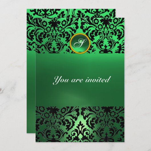 Invitation DAMASK GEM STONE MONOGRAM vert jade (Devant / Derrière)