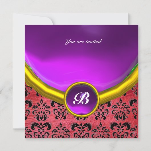 Invitation DAMASK GEM STONE MONOGRAM violet rose soie noir (Devant)