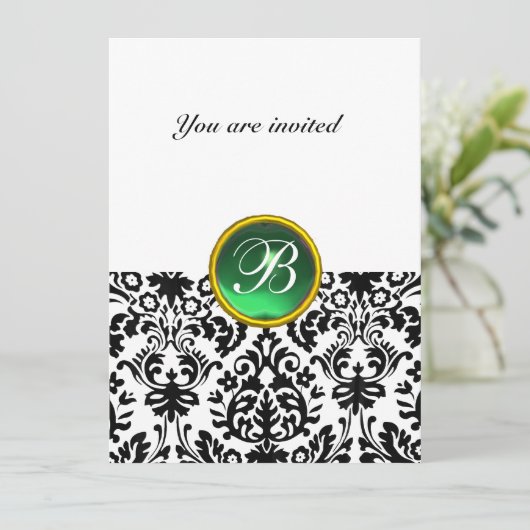 Invitation DAMASK GEM STONE MONOGRAMME Jade vert blanc (Debout devant)