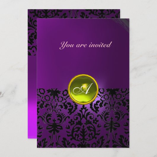 Invitation DAMASK GEM STONE MONOGRAMME jaune violet (Devant / Derrière)