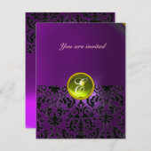 Invitation DAMASK GEM STONE MONOGRAMME jaune violet (Devant / Derrière)
