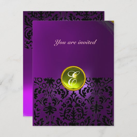 Invitation DAMASK GEM STONE MONOGRAMME jaune violet (Devant / Derrière)