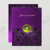 Invitation DAMASK GEM STONE MONOGRAMME jaune violet (Devant / Derrière)