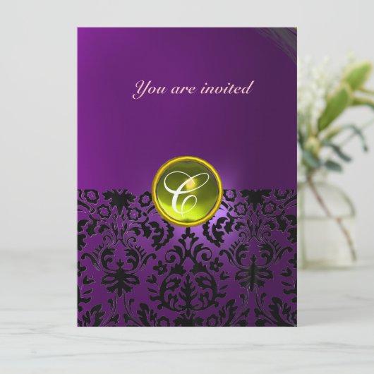 Invitation DAMASK GEM STONE MONOGRAMME jaune violet (Debout devant)
