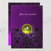 Invitation DAMASK GEM STONE MONOGRAMME jaune violet (Devant / Derrière)