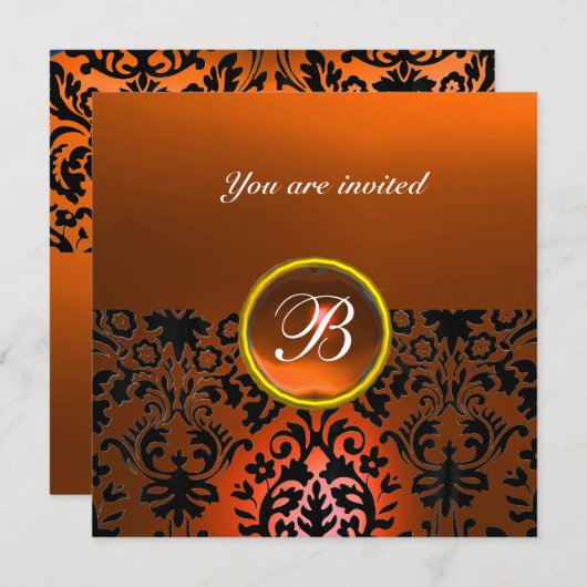 Invitation DAMASK GEM STONE MONOGRAMME orange agate, jaune (Devant / Derrière)