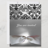 Invitation DAMASK GEM STONE MONOGRAS blanc ruban gris noir (Devant)