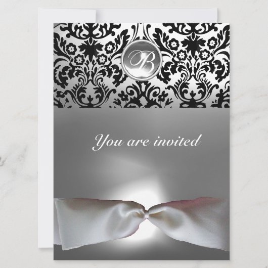 Invitation DAMASK GEM STONE MONOGRAS blanc ruban gris noir (Devant)