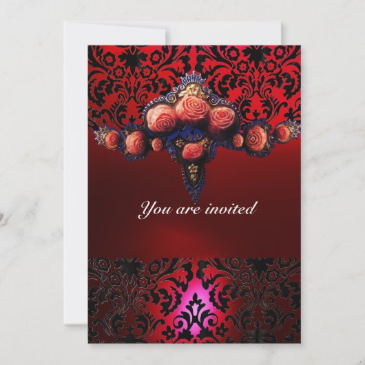 INVITATION DAMASK GEMME ET ROSES PINK MONOGRAMME (Devant)