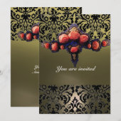 INVITATION DAMASK GEMME ET ROSES PINK MONOGRAMME (Devant / Derrière)