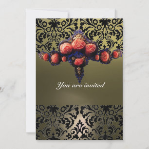 INVITATION DAMASK GEMME ET ROSES PINK MONOGRAMME