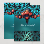 INVITATION DAMASK GEMME ET ROSES ROSES MONOGRAMME (Devant / Derrière)