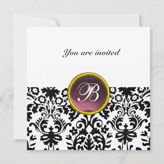 Invitation DAMASK GEMME MONOGRAMME améthyste pourpre or (Devant)