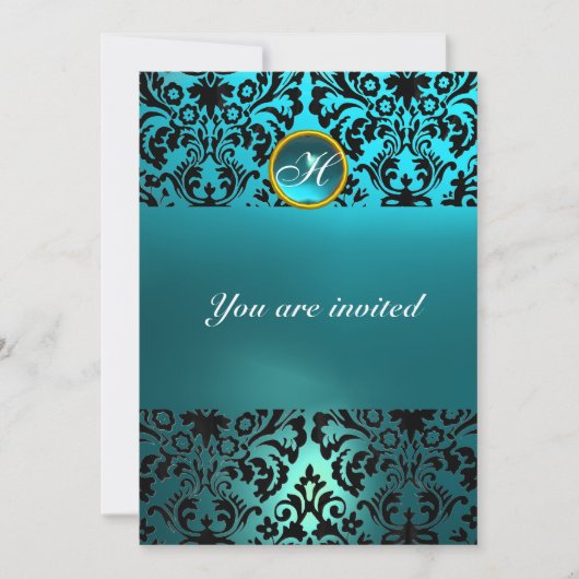 Invitation DAMASK GEMME MONOGRAMME aquamarine bleu (Devant)