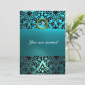 Invitation DAMASK GEMME MONOGRAMME aquamarine bleu (Debout devant)