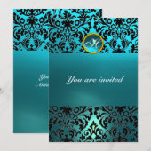 Invitation DAMASK GEMME MONOGRAMME aquamarine bleu (Devant / Derrière)