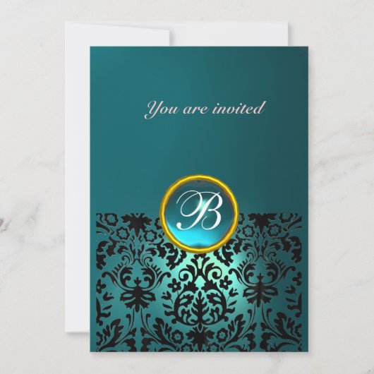 Invitation DAMASK GEMME MONOGRAMME bleu aquamarin (Devant)