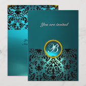Invitation DAMASK GEMME MONOGRAMME bleu aquamarin (Devant / Derrière)