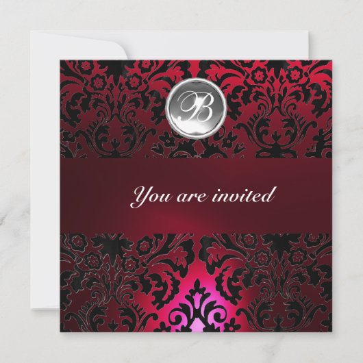Invitation DAMASK GEMME MONOGRAMME bordeaux rouge blanc noir (Devant)
