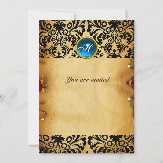 Invitation DAMASK GEMME MONOGRAMME parchemin bleu (Devant)