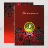 Invitation DAMASK GEMME MONOGRAMME rouge jaune (Devant / Derrière)