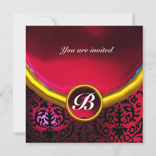 Invitation DAMASK GEMME MONOGRAMME rouge rubis burgundy (Devant)