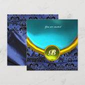 Invitation DAMASK GEMME MONOGRAMME soie pourpre bleue (Devant / Derrière)