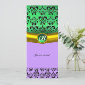 Invitation DAMASK GEMME MONOGRAMME vert, violet, rose (Debout devant)