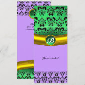 Invitation DAMASK GEMME MONOGRAMME vert, violet, rose (Devant / Derrière)