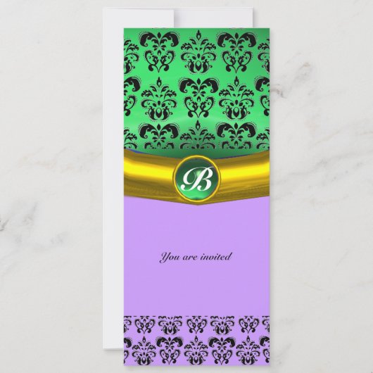 Invitation DAMASK GEMME MONOGRAMME vert, violet, rose (Devant)