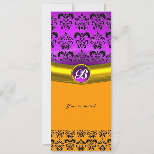 Invitation DAMASK GEMME MONOGRAMME violet pourpre, jaune (Devant)