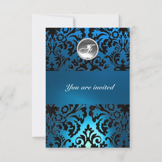 Invitation DAMASK GEMME NOIR & BLEU MONOGRAMME blanc (Devant)