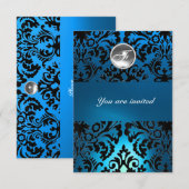 Invitation DAMASK GEMME NOIR & BLEU MONOGRAMME blanc (Devant / Derrière)