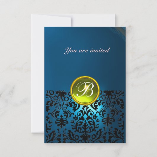 Invitation DAMASK GEMME PIERRE INITIALES bleu jaune rsvp (Devant)