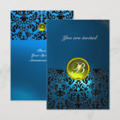 Invitation DAMASK GEMME PIERRE INITIALES bleu jaune rsvp (Devant / Derrière)