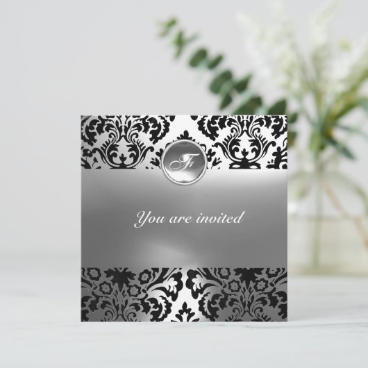 Invitation DAMASK GEMME PIERRE MONOGRAMME blanc (Debout devant)