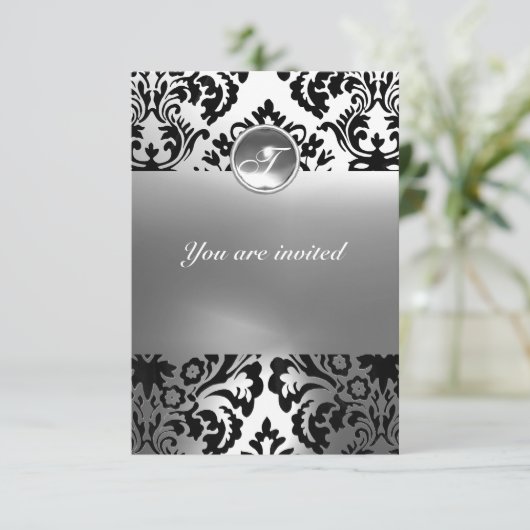 Invitation DAMASK GEMME PIERRE MONOGRAMME blanc (Debout devant)
